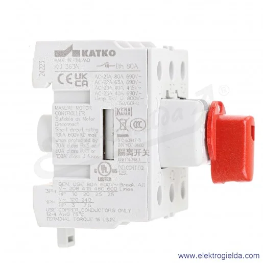 Rozłącznik modułowy KU 363N 63A 3-polowy czerwone pokrętło Rozłącznik modułowy KU 363N 63A 3-polowy czerwone pokrętło