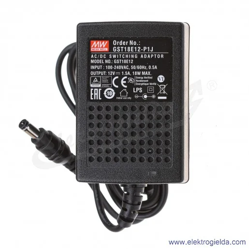 Zasilacz wtyczkowy GS18E12-P1J zasilanie 90-264VAC, wyjście 12V 0-1.5 18W Zasilacz wtyczkowy GS18E12-P1J zasilanie 90-264VAC, wyjście 12V 0-1.5 18W