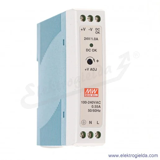Zasilacz impulsowy MDR-20-24 napięcie zasilania 85..264VAC lub 120..370VDC, napięcie wyjściowe 24VDC, prąd 1A Zasilacz impulsowy MDR-20-24 napięcie zasilania 85..264VAC lub 120..370VDC, napięcie wyjściowe 24VDC, prąd 1A