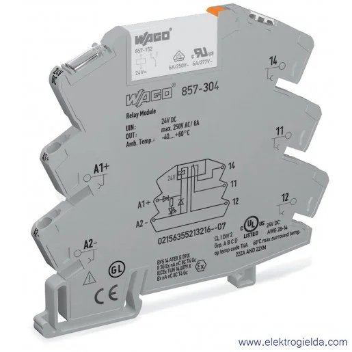 Przekaźnik interfejsowy 857-304 24V DC, 1P, 6A, szerokość 6mm, sygnalizacja LED, JUMPFLEX Przekaźnik interfejsowy 857-304 24V DC, 1P, 6A, szerokość 6mm, sygnalizacja LED, JUMPFLEX