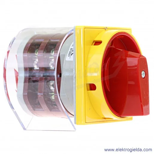 Łącznik krzywkowy 63-241678-051 4G63-10-U S25 /0-1/ 63A 3-fazowy z czerwonym pokrętłem, zamykany na kłódkę w pozycji "0" z osłon Łącznik krzywkowy 63-241678-051 4G63-10-U S25 /0-1/ 63A 3-fazowy z czerwonym pokrętłem, zamykany na kłódkę w pozycji "0" z osłon