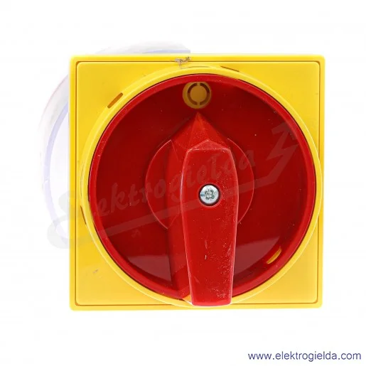 Łącznik krzywkowy 63-241678-051 4G63-10-U S25 /0-1/ 63A 3-fazowy z czerwonym pokrętłem, zamykany na kłódkę w pozycji "0" z osłon Łącznik krzywkowy 63-241678-051 4G63-10-U S25 /0-1/ 63A 3-fazowy z czerwonym pokrętłem, zamykany na kłódkę w pozycji "0" z osłon