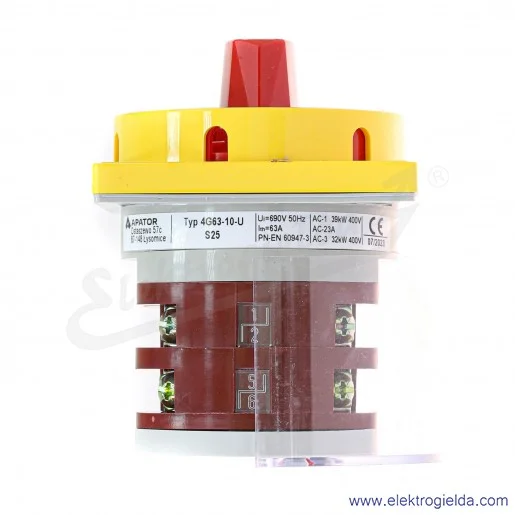 Łącznik krzywkowy 63-241678-051 4G63-10-U S25 /0-1/ 63A 3-fazowy z czerwonym pokrętłem, zamykany na kłódkę w pozycji "0" z osłon Łącznik krzywkowy 63-241678-051 4G63-10-U S25 /0-1/ 63A 3-fazowy z czerwonym pokrętłem, zamykany na kłódkę w pozycji "0" z osłon