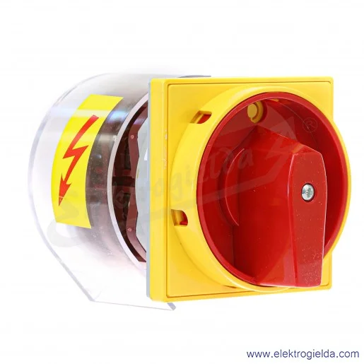 Łącznik krzywkowy 63-246424-011 4G40-92-U S25 /0-1/ 40A 4p z czerwonym pokrętłem, zamykany na kłódkę w pozycji "0" z osłoną styk Łącznik krzywkowy 63-246424-011 4G40-92-U S25 /0-1/ 40A 4p z czerwonym pokrętłem, zamykany na kłódkę w pozycji "0" z osłoną styk