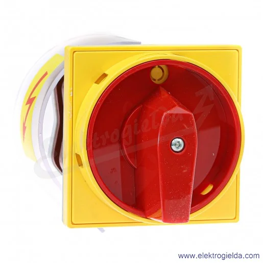 Łącznik krzywkowy 63-246424-011 4G40-92-U S25 /0-1/ 40A 4p z czerwonym pokrętłem, zamykany na kłódkę w pozycji "0" z osłoną styk Łącznik krzywkowy 63-246424-011 4G40-92-U S25 /0-1/ 40A 4p z czerwonym pokrętłem, zamykany na kłódkę w pozycji "0" z osłoną styk