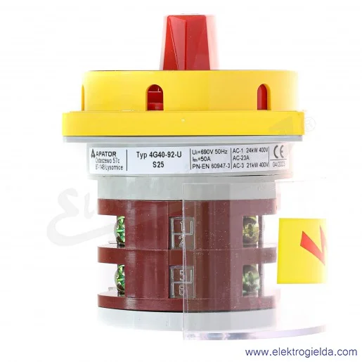 Łącznik krzywkowy 63-246424-011 4G40-92-U S25 /0-1/ 40A 4p z czerwonym pokrętłem, zamykany na kłódkę w pozycji "0" z osłoną styk Łącznik krzywkowy 63-246424-011 4G40-92-U S25 /0-1/ 40A 4p z czerwonym pokrętłem, zamykany na kłódkę w pozycji "0" z osłoną styk