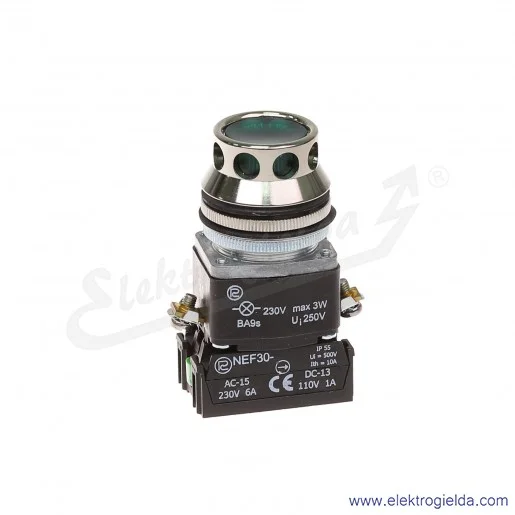 Przycisk sterowniczy NEF30 KLzXY 230V zielony kryty podświetlany 30mm 1NO+1NC Przycisk sterowniczy NEF30 KLzXY 230V zielony kryty podświetlany 30mm 1NO+1NC
