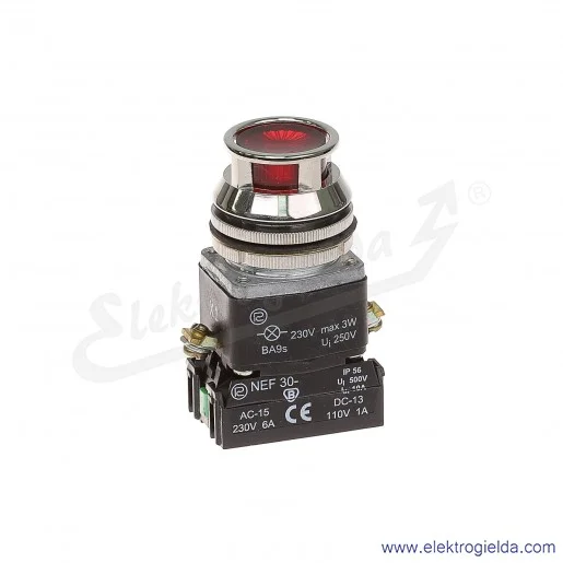 Przycisk sterowniczy NEF30 KLcXY 230V czerwony kryty podświetlany 30mm 1NO+1NC Przycisk sterowniczy NEF30 KLcXY 230V czerwony kryty podświetlany 30mm 1NO+1NC