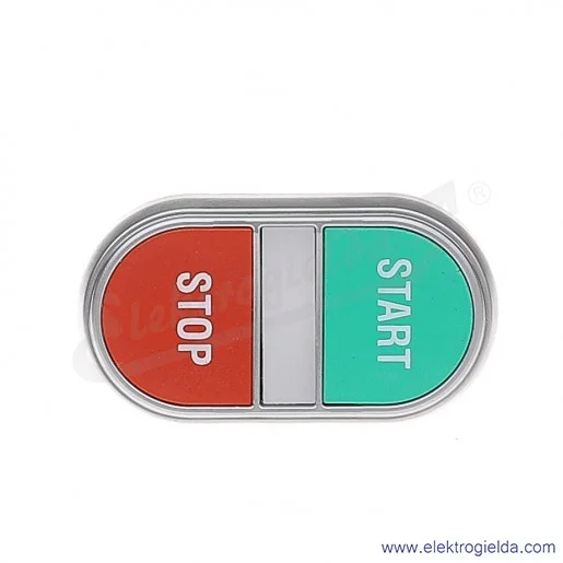 Przycisk główka LPC BL7133 dwuklawiszowy zielono-czerwony z nadrukiem START/STOP z podświetlanym wskaźnikiem, 2 kryte, samoczynn Przycisk główka LPC BL7133 dwuklawiszowy zielono-czerwony z nadrukiem START/STOP z podświetlanym wskaźnikiem, 2 kryte, samoczynn