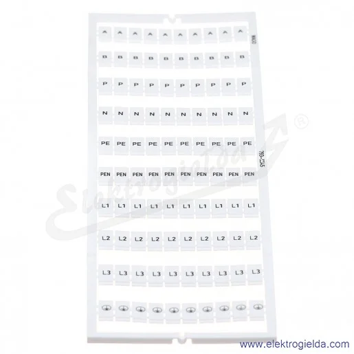 793-5545 A, B, P, N, PE, PEN, L1, L2, L3 (x10), nadruk poziomy, szerokość 5-5,2mm do złączek 2002-xxxx Tabliczka z oznacznikami 793-5545 A, B, P, N, PE, PEN, L1, L2, L3 (x10), nadruk poziomy, szerokość 5-5,2mm do złączek 2002-xxxx Tabliczka z oznacznikami