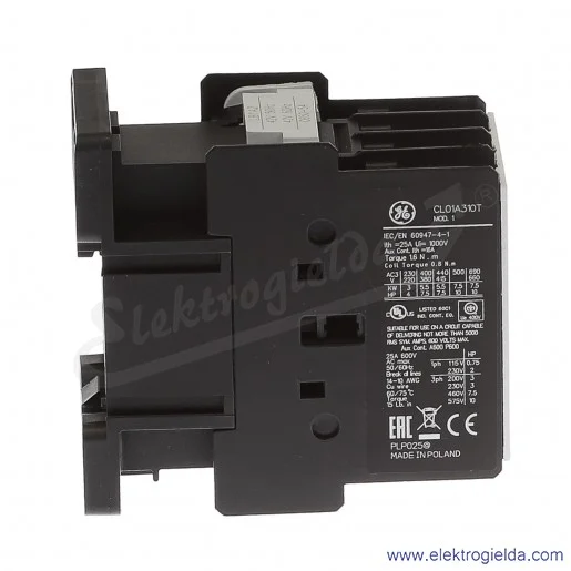 Stycznik CL01A310T2 42V AC 50/60 HZ, 1NO, 5.5KW/400V AC-3, 25A AC-1, 3-polowy Stycznik CL01A310T2 42V AC 50/60 HZ, 1NO, 5.5KW/400V AC-3, 25A AC-1, 3-polowy