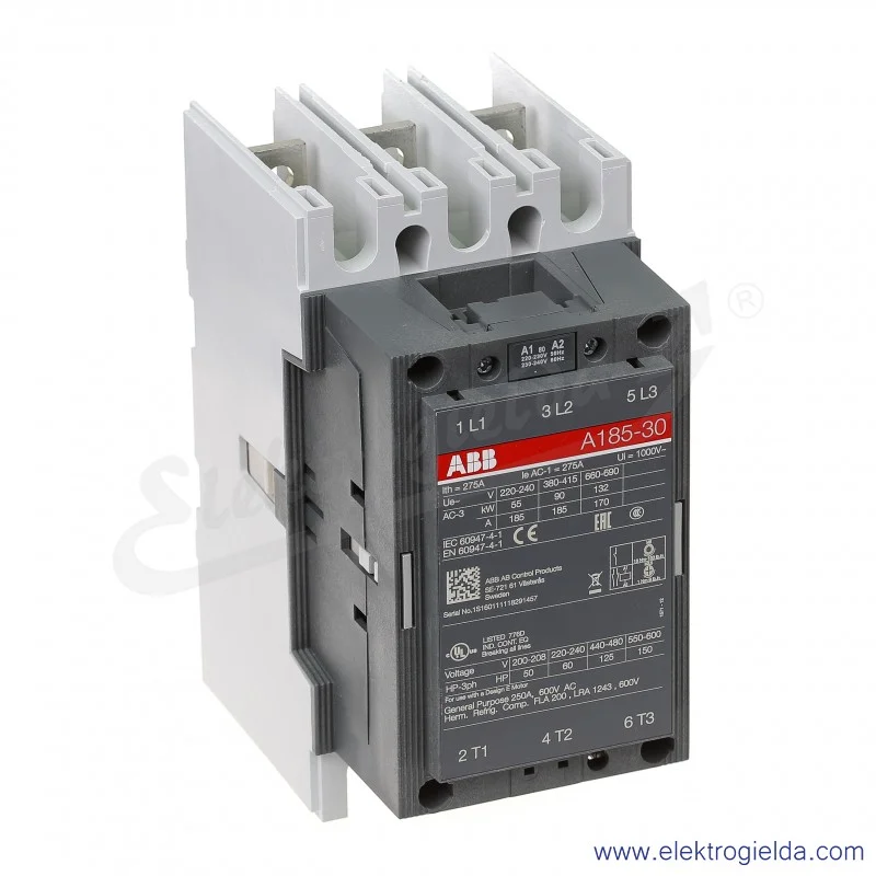 Stycznik A185-30-00 230V AC 50/60 HZ, 90KW/400V AC-3, 275A AC-1, 3-polowy Stycznik A185-30-00 230V AC 50/60 HZ, 90KW/400V AC-3, 275A AC-1, 3-polowy